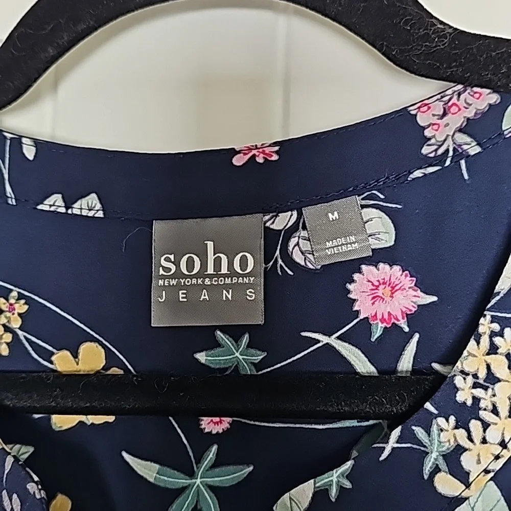 Vintage NY&Co M Soho blouse navy blue/floral button down tank blouse - Picture 2 of 9